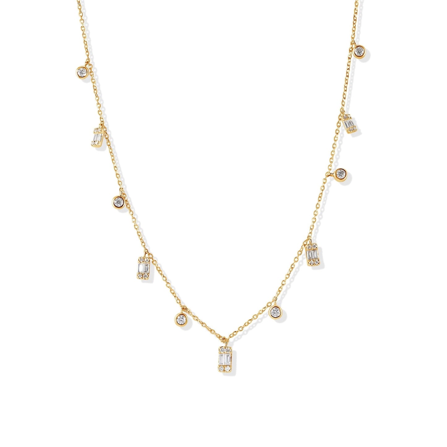 14K Round and Baguette Diamond Necklace
