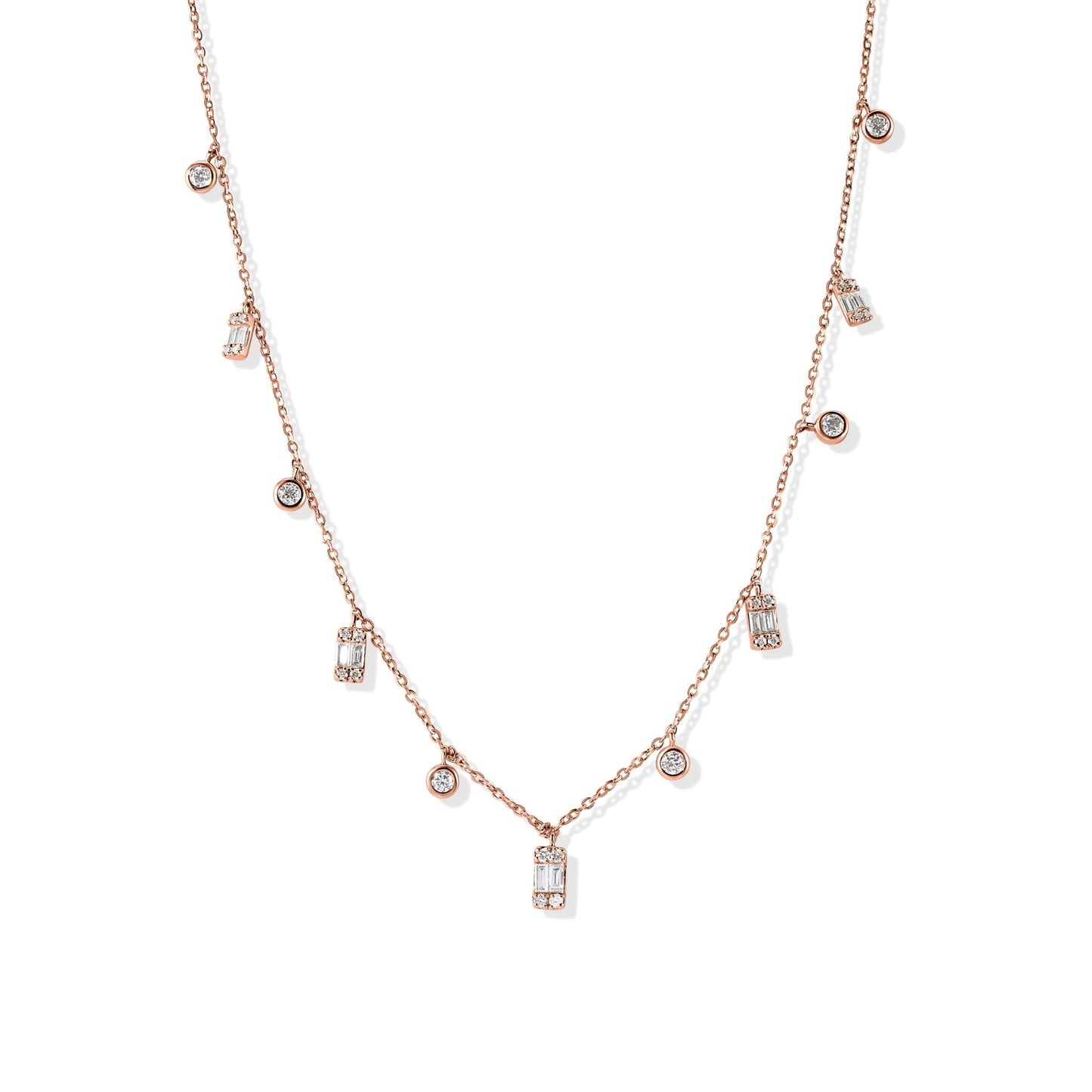 14K Round and Baguette Diamond Necklace