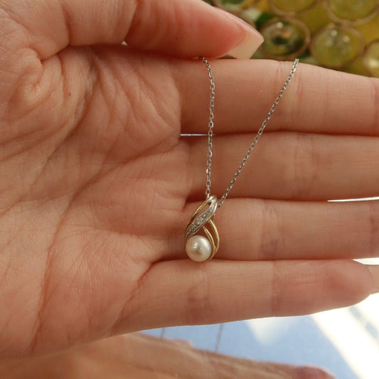 14K Two-Tone Gold Natural Pearl & Diamond Swirl Pendant Necklace