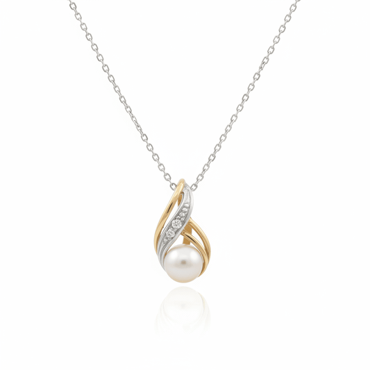 14K Two-Tone Gold Natural Pearl & Diamond Swirl Pendant Necklace