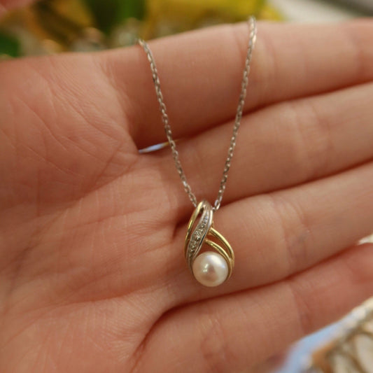 14K Two-Tone Gold Natural Pearl & Diamond Swirl Pendant Necklace