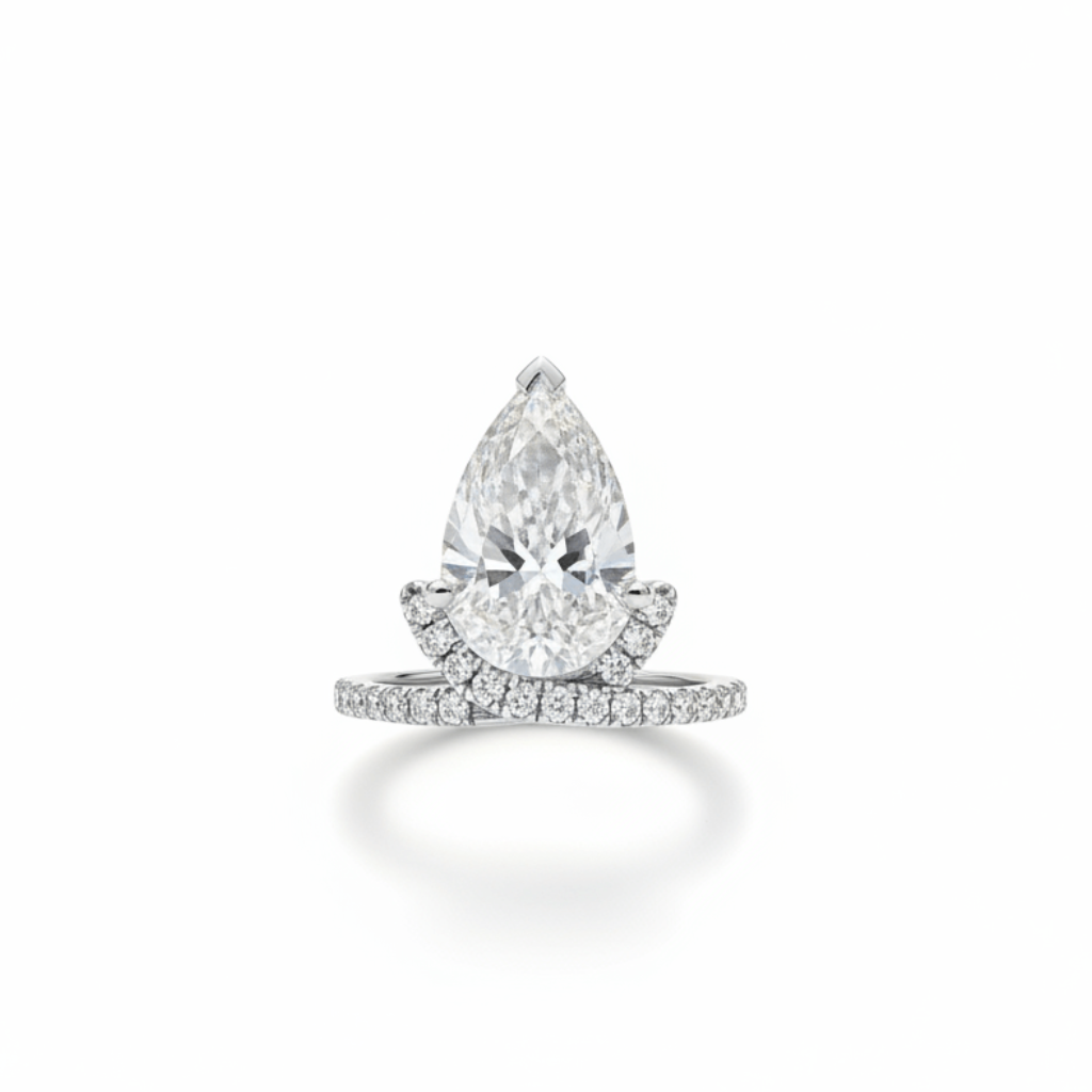 14k White Gold Pear Diamond Ring with Accented Band