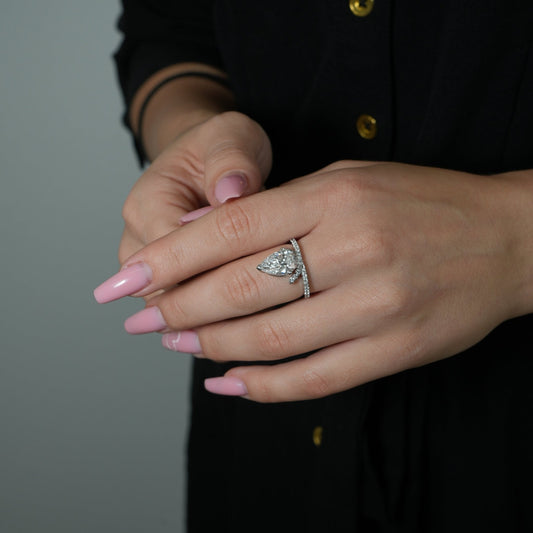 14k White Gold Pear Diamond Ring with Accented Band
