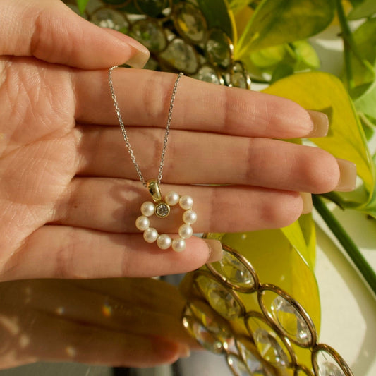 14K Yellow Gold Freshwater Pearl & Diamond Heart Necklace