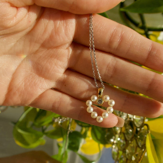 14K Yellow Gold Freshwater Pearl & Diamond Heart Necklace