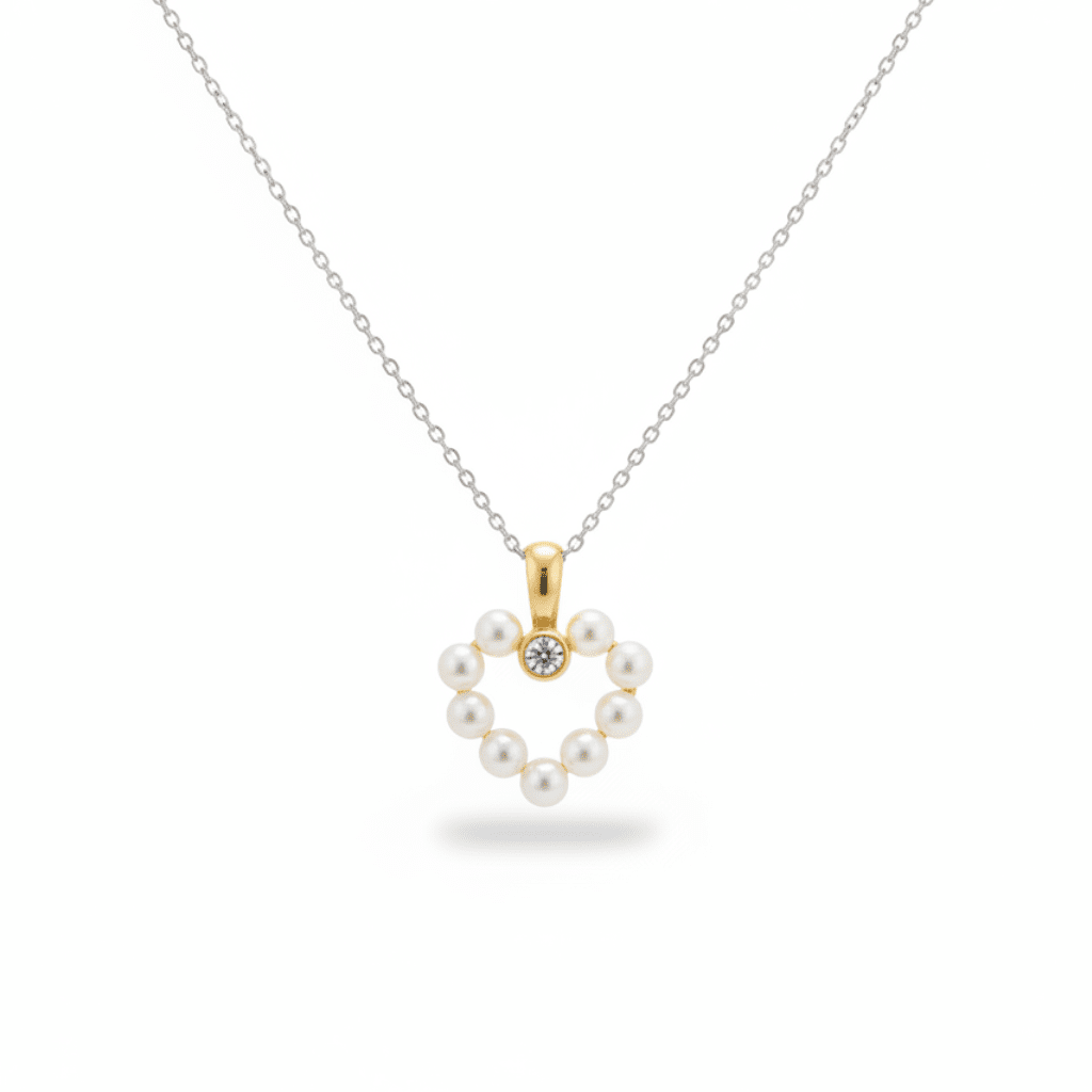 14K Yellow Gold Freshwater Pearl & Diamond Heart Necklace