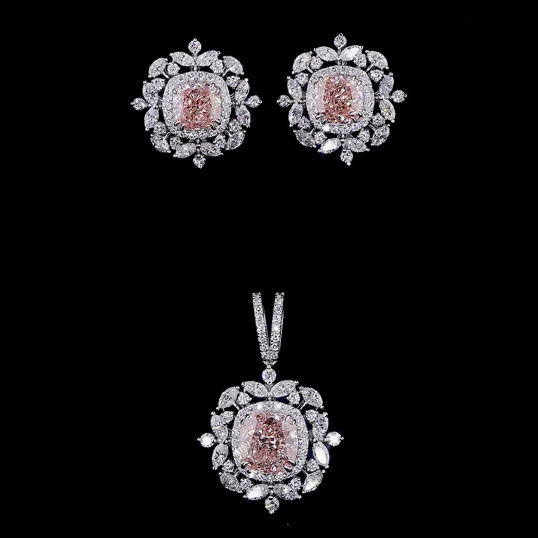 2.56 ct. Pink Cushion Diamond Halo Earrings & Pendant Set