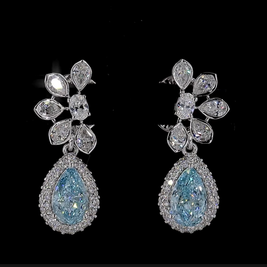 1.12 ct. Fancy Vivid Blue Pear Diamond Halo Drop Earrings