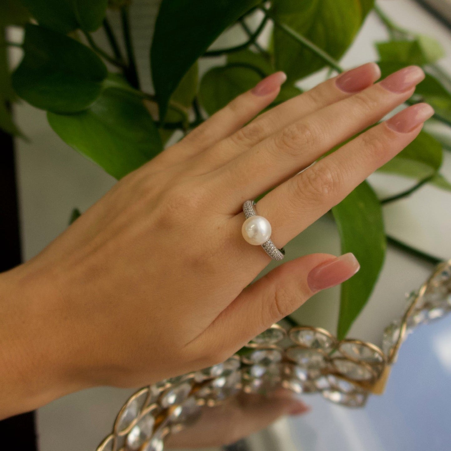 Pearl and Diamond Pave Ring (14k White Gold)