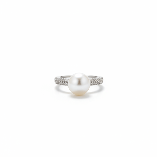 Pearl and Diamond Pave Ring (14k White Gold)