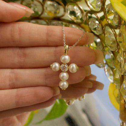 Pearl Cross Pendant with Diamonds