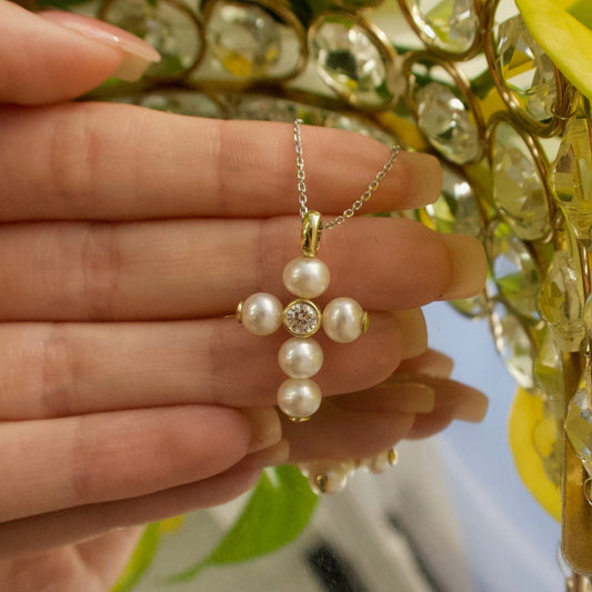 Pearl Cross Pendant with Diamonds