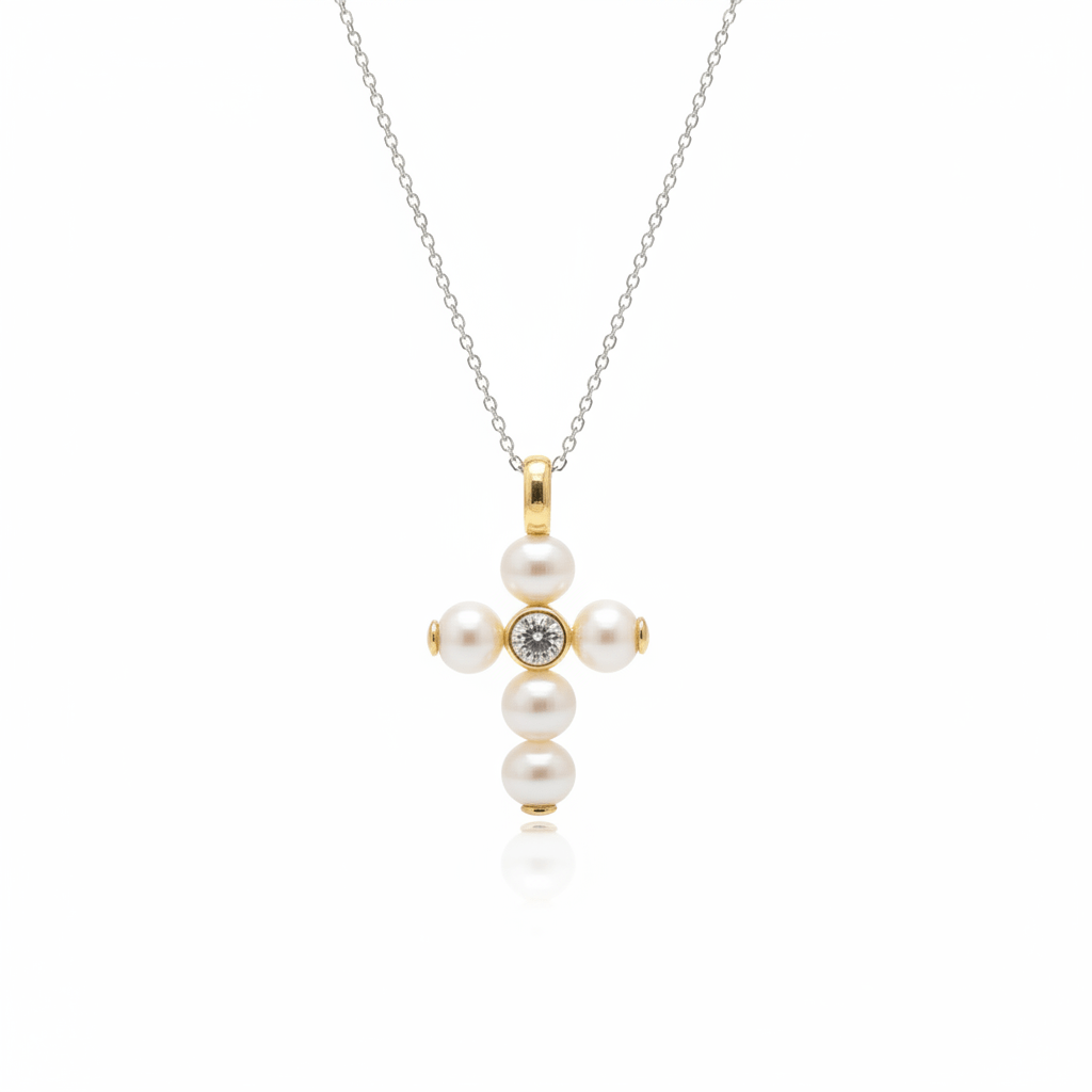 Pearl Cross Pendant with Diamonds