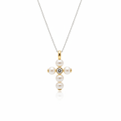Pearl Cross Pendant with Diamonds