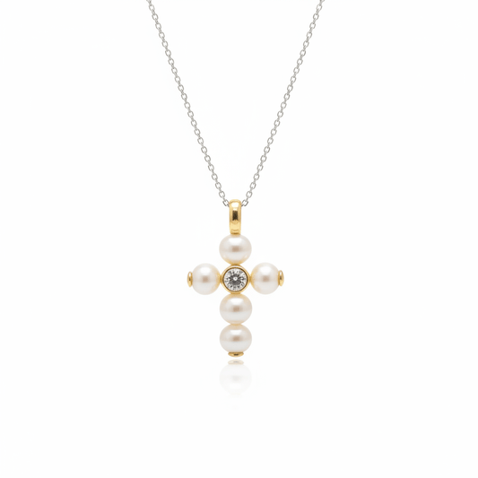Pearl Cross Pendant with Diamonds