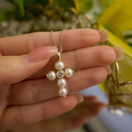 Pearl Cross Pendant with Diamonds