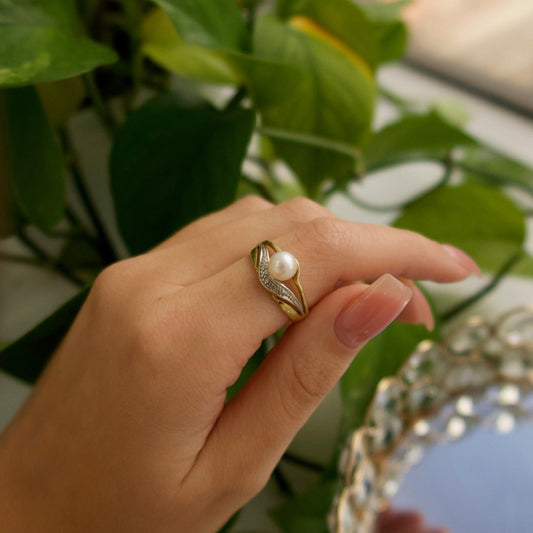 Pearl & Diamond Crossover Ring (14k Two-Tone Gold)