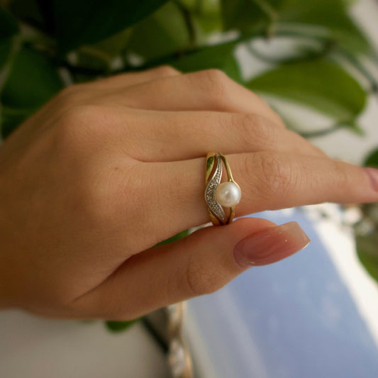 Pearl & Diamond Crossover Ring (14k Two-Tone Gold)