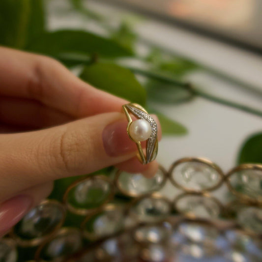 Pearl & Diamond Crossover Ring (14k Two-Tone Gold)