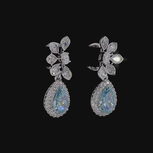 1.12 ct. Fancy Vivid Blue Pear Diamond Halo Drop Earrings
